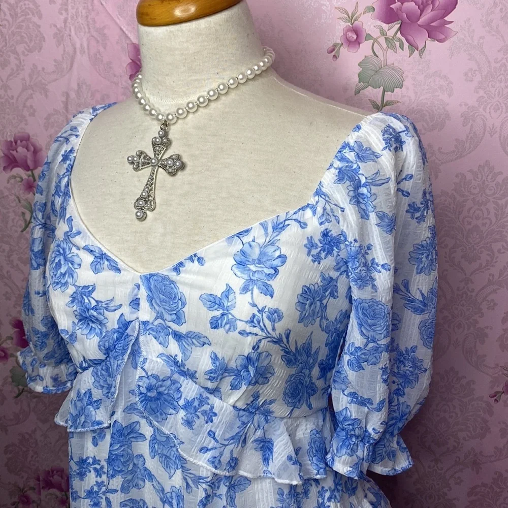 πΉ Trixxi πΉ NWT Blue & White Floral Ruffle Babydoll Dress - Picture 4 of 16
